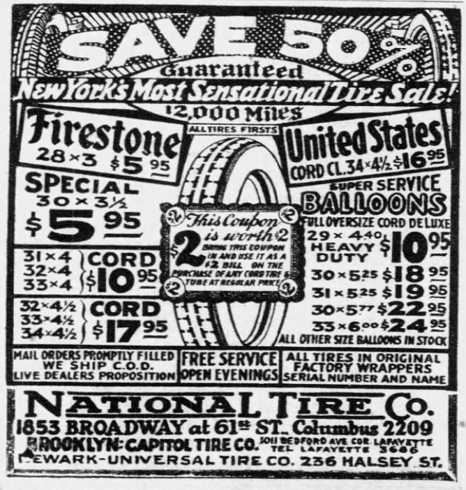 1926 National Tire Co. newspaper advertisement promoting discounted Firestone and United States tires with prices, coupon, and store locations.