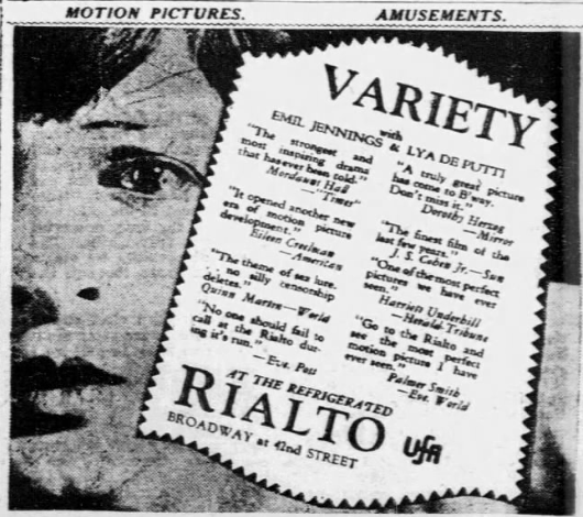 1926 newspaper advertisement for the Rialto Theatre featuring the film Variety starring Emil Jannings and Lya De Putti.