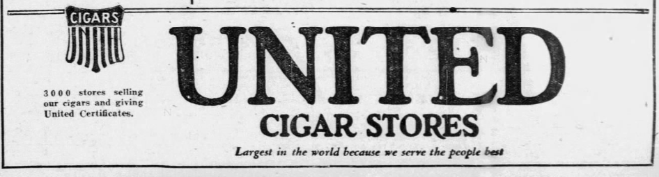 1926 newspaper advertisement for United Cigar Stores featuring a large company logo and promotion of its nationwide retail network.