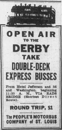 1926 St. Louis motorbus advertisement offering double-deck express bus service to the Open Air Derby, featuring a streetcar illustration and one-dollar round-trip fare.
