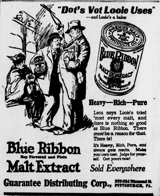 1926 Blue Ribbon Malt Extract ad showing three figures discussing malt products beside a large Blue Ribbon malt extract container.