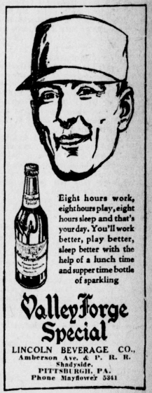 1926 Valley Forge Special soft drink ad featuring a baseball player portrait and bottle illustration.
