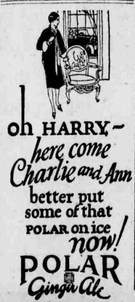 1926 Polar Ginger Ale advertisement with woman entering a room and text promoting chilled ginger ale for visitors.