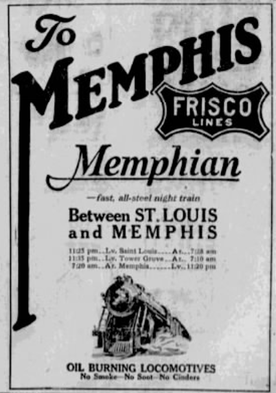 1926 Frisco Lines advertisement for the Memphian overnight train connecting St. Louis and Memphis.