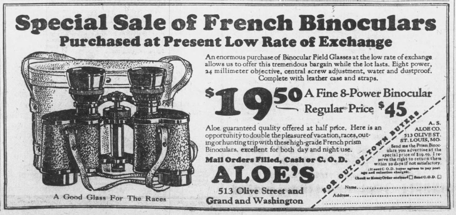 1926 advertisement for Aloe's French binoculars, featuring an illustration of field glasses and a special sale price of $19.50.