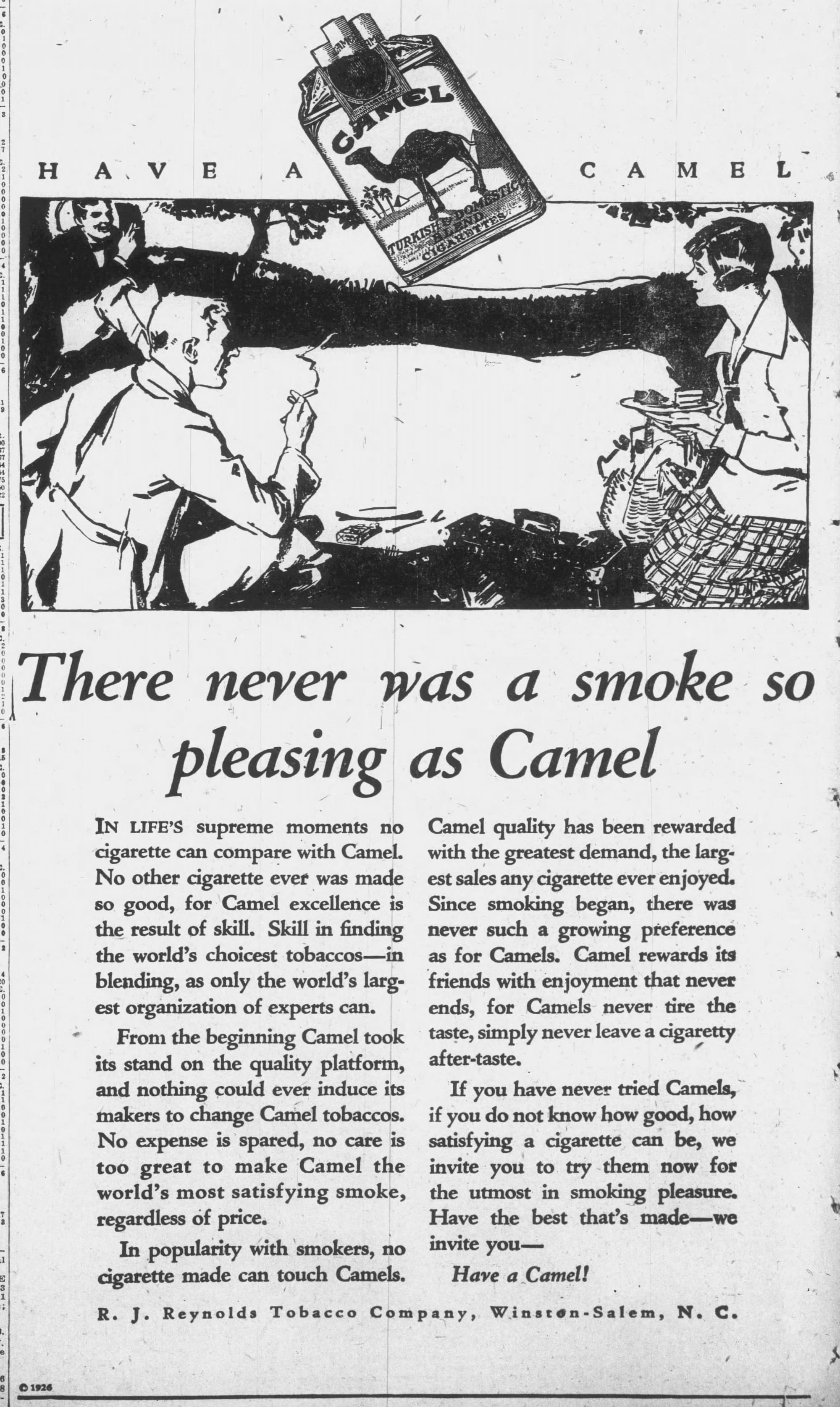 Full-page 1926 Camel Cigarettes advertisement featuring a picnic scene and the slogan "There never was a smoke so pleasing as Camel."