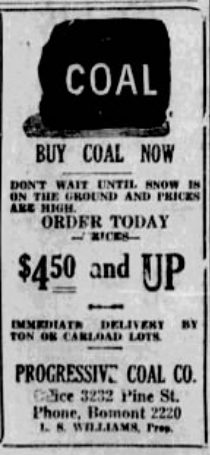 1926 Progressive Coal Company advertisement encouraging early coal purchases with prices starting at $4.50.