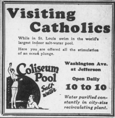 Vintage Coliseum Pool advertisement promoting St. Louis' indoor saltwater swimming pool with daily public admission.