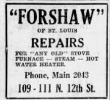 1926 Forshaw St. Louis advertisement offering stove, furnace, steam, and hot water heater repair services.
