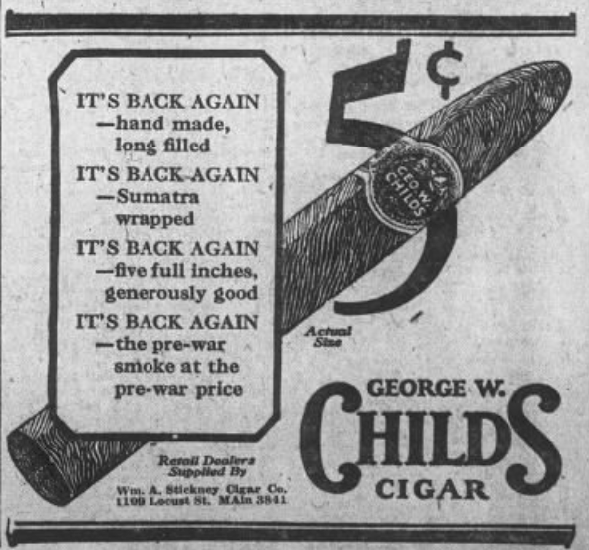1926 George W. Childs cigar advertisement promoting the return of the five-cent cigar with a large cigar illustration.