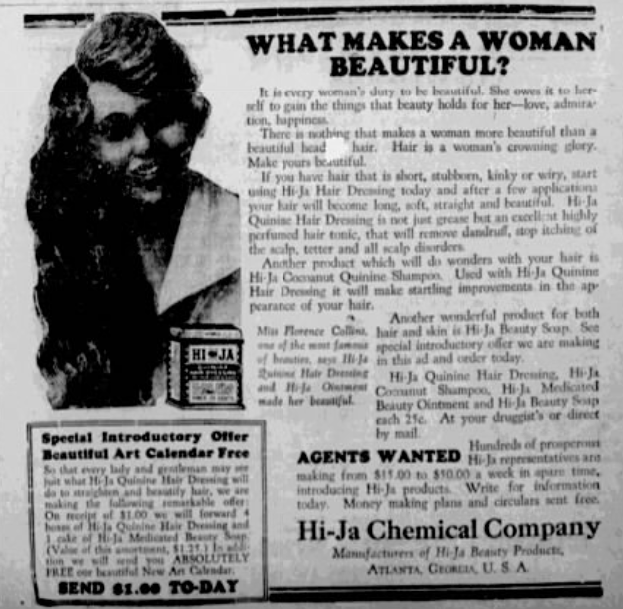 1926 Hi-Ja Chemical Company advertisement featuring hair care products, beauty treatments, and an opportunity for sales agents.