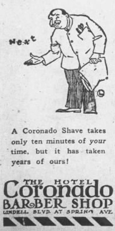 1926 Hotel Coronado Barber Shop advertisement promoting quick shaves at Lindell Boulevard and Spring Avenue.