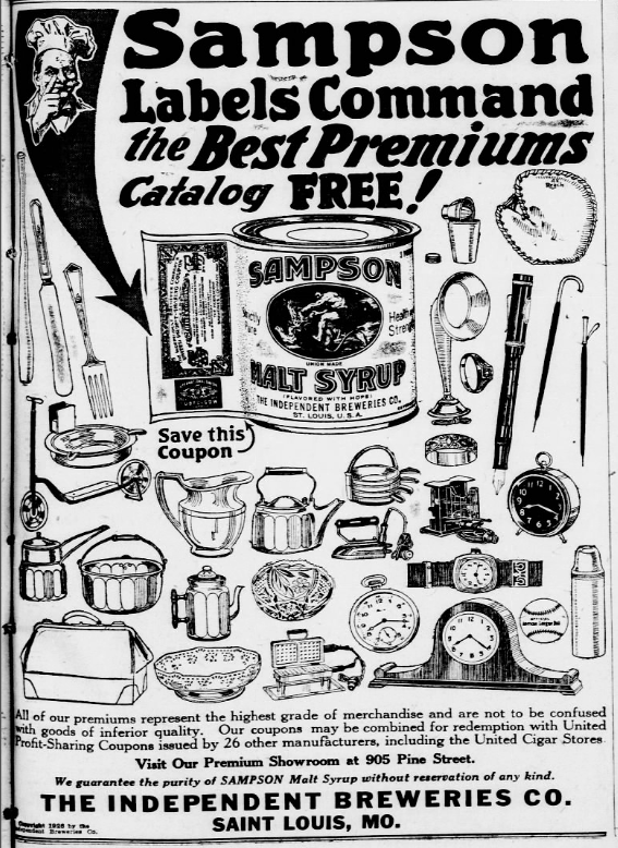 1926 Sampson Malt Syrup advertisement from The Independent Breweries Co. featuring a coupon rewards catalog with household items, clocks and sporting goods.