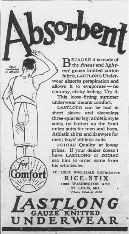 1926 Lastlong underwear advertisement featuring an illustrated figure and promoting lightweight gauze-knit summer undergarments.