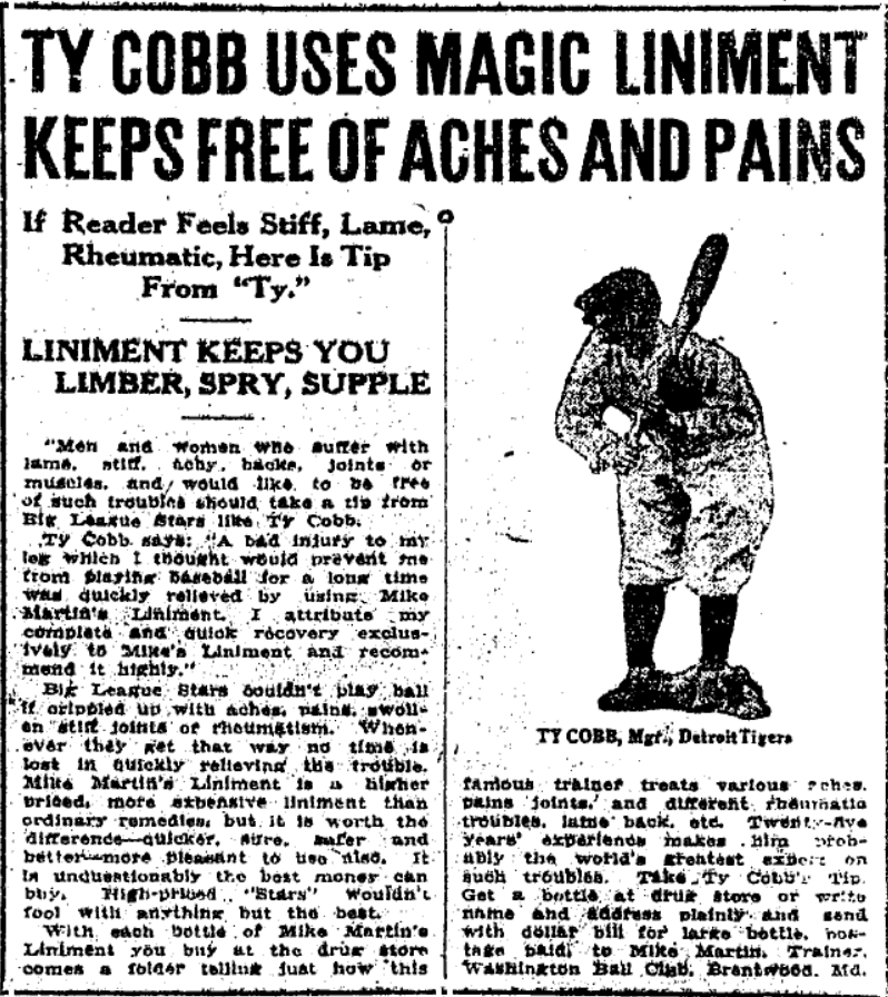 1926 advertisement featuring Ty Cobb endorsing Mike Martin's Magic Liniment for muscle aches and joint pain.