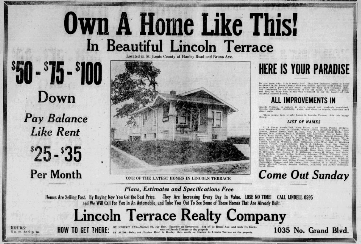 Full-page 1926 Lincoln Terrace Realty advertisement promoting affordable new homes in St. Louis County.