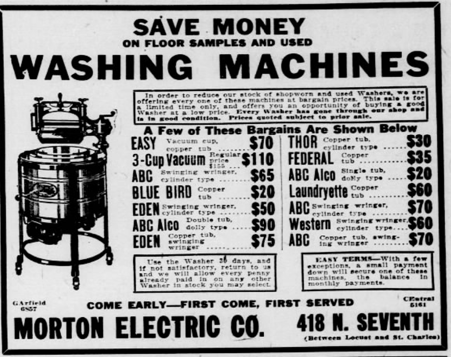 1926 Morton Electric Co. newspaper advertisement promoting discounted floor-model and used washing machines at its St. Louis store on North Seventh Street.