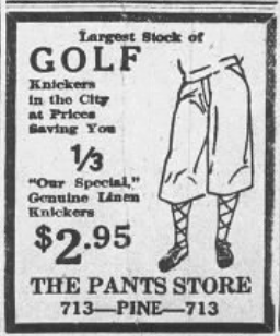 1926 advertisement for The Pants Store featuring golf knickers priced at $2.95 with an illustrated pair of knickers.