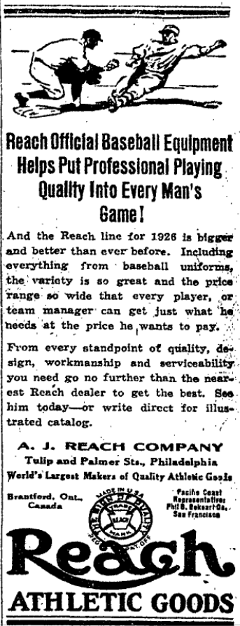 1926 Reach Athletic Goods advertisement promoting official baseball equipment and uniforms.