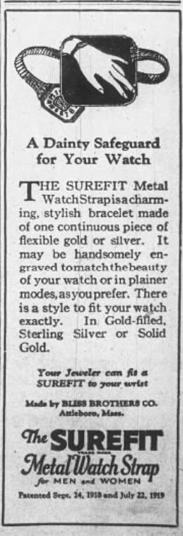 1926 Surefit Metal Watch Strap advertisement promoting decorative metal watch bands for men and women with an illustration of the product.