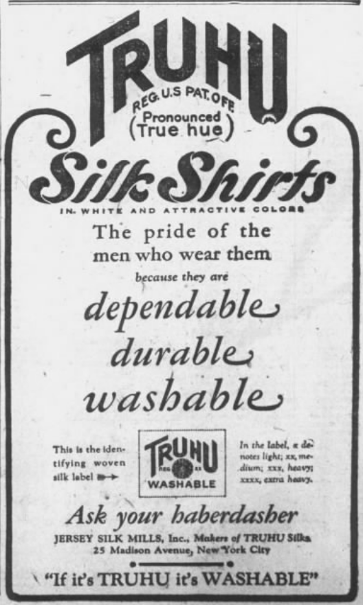 Vintage TRUHU Silk Shirts advertisement emphasizing washable, durable silk shirts for men.