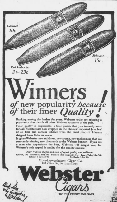 Vintage Webster Cigars advertisement featuring multiple cigar brands and promoting premium tobacco quality.