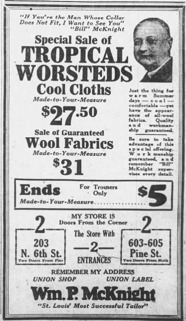 1926 Wm. P. McKnight tailor advertisement featuring custom tropical worsted suits and wool fabrics in St. Louis.