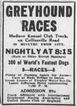 1926 newspaper advertisement for Greyhound Races at Madison Kennel Club Track, announcing nightly races beginning at 8:15 p.m. near St. Louis.