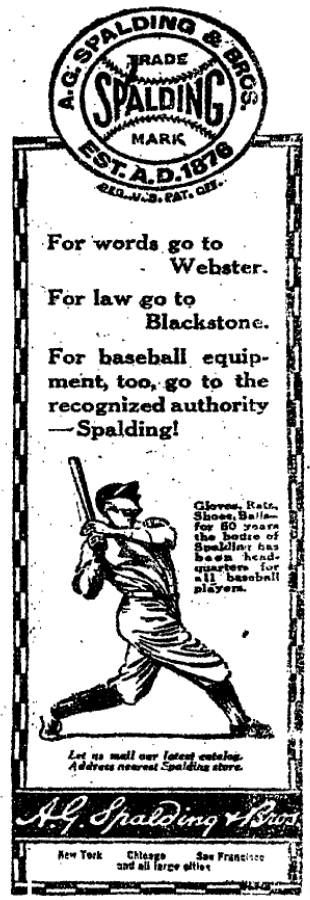 1926 Spalding sporting goods advertisement featuring a baseball batter illustration and promotion for Spalding baseball equipment.