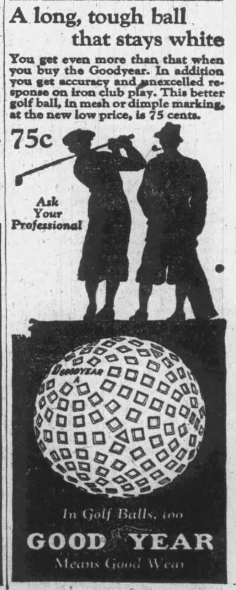 1926 Goodyear golf ball advertisement showing two golfers standing atop a large golf ball, promoting durability and accuracy for 75 cents.