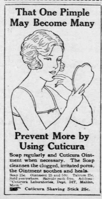 Vintage 1926 Cuticura advertisement depicting a woman examining her face in a handheld mirror. The ad encourages regular use of Cuticura Soap and Ointment to prevent pimples and cleanse clogged pores.