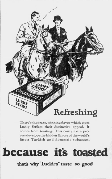 1926 Lucky Strike cigarette advertisement featuring horseback riders, a pack of Lucky Strikes, and the slogan "Because it's toasted."