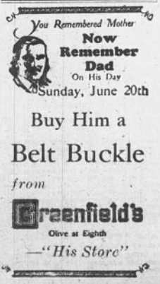 1926 Greenfield's department store Father's Day advertisement urging readers to buy Dad a belt buckle, featuring a portrait illustration and St. Louis store location.
