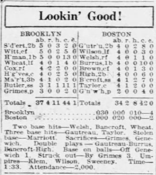 Box score from Brooklyn's 4–2 win over the Boston Braves on June 22, 1926.
