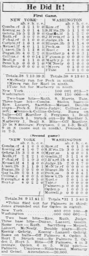 June 22, 1926 box scores for the Yankees and Senators doubleheader in Washington.