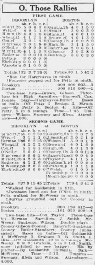 Newspaper box scores from Brooklyn's two victories over Boston, detailing player statistics and scoring for the June 23, 1926 doubleheader.