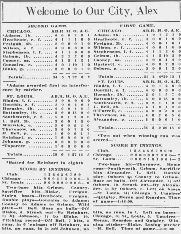 Official June 27, 1926 Cardinals-Cubs doubleheader box score showing Alexander's 10-inning win and Chicago's 5-0 second-game victory.