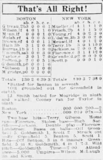 Newspaper box score from the Giants' 3–2 victory over the Braves on June 27, 1926, showing batting and pitching totals for both clubs.
