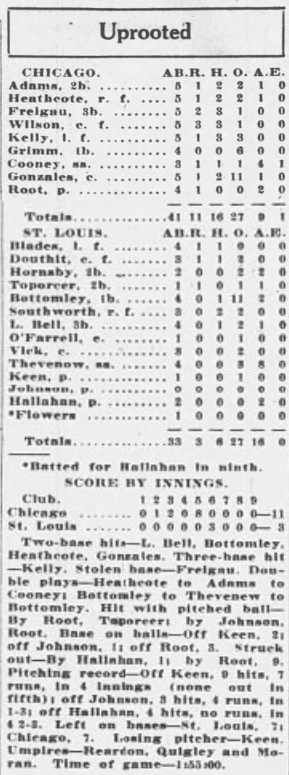 1926 newspaper box score of the Cubs' 11–3 win over the Cardinals, featuring Charley Root's complete-game victory and Chicago's eight-run fifth inning.