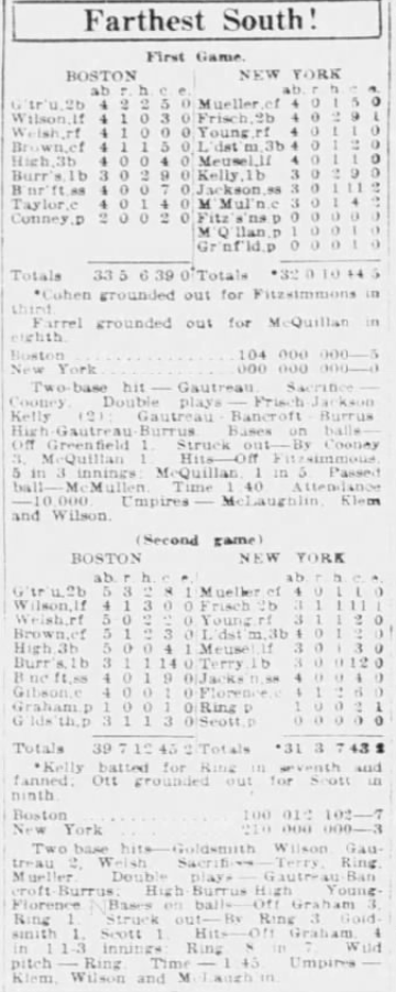 Newspaper box scores from the Braves' 5–0 and 7–3 doubleheader victories over the Giants.