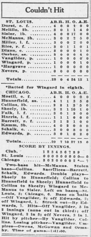 1926 newspaper box score of the White Sox' 7–0 victory over the Browns, featuring Jim John Edwards' four-hit shutout.