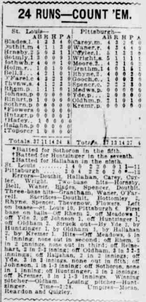 1926 newspaper box score showing Pittsburgh's 13 to 11 win over St. Louis with batting and pitching statistics.