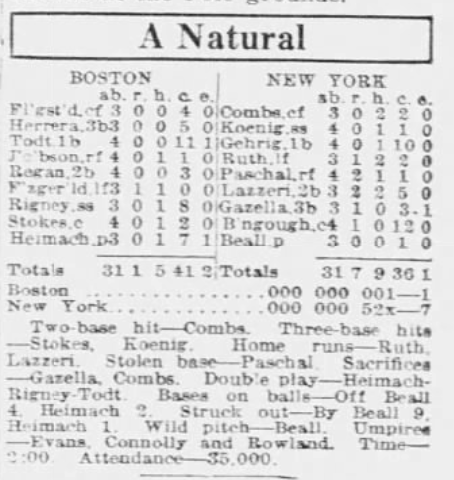 Newspaper box score of the June 27, 1926 Yankees 7–1 win over the Red Sox, featuring Babe Ruth's 25th home run and Walter Beall's complete-game victory.