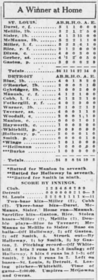 Newspaper box score of the St. Louis Browns' 11–3 win over the Detroit Tigers on June 29, 1926, with player statistics, scoring summary, and pitching lines.
