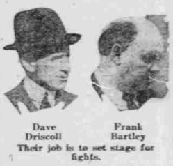 Newspaper portraits of Dave Driscoll and Frank Bartley, organizers responsible for preparing Ebbets Field for a major outdoor boxing event in 1926.