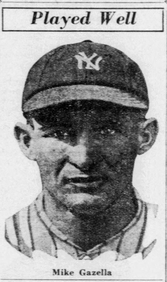 Black-and-white newspaper portrait of New York Yankees infielder Mike Gazella wearing a Yankees cap, captioned "Played Well."