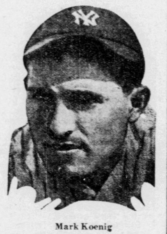 Black-and-white newspaper portrait of New York Yankees shortstop Mark Koenig wearing a Yankees cap.