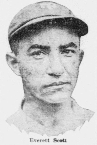 Black-and-white newspaper portrait of veteran infielder Everett Scott wearing a baseball cap.