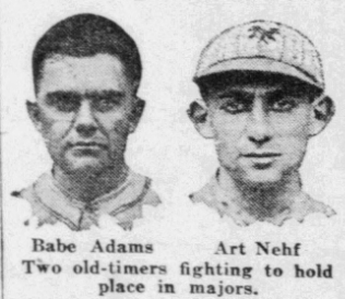 Black-and-white newspaper portraits of pitchers Babe Adams and Art Nehf displayed side by side in a 1926 newspaper.