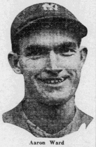 Black-and-white newspaper portrait of New York Yankees infielder Aaron Ward wearing a Yankees cap.
